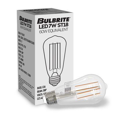 Bulbrite 776225 LED Filament 7.6 Watt Dimmable ST18 Light Bulb with Clear Finish and Medium Screw 4000K E26 Base - 4000K (Cool White Light) 800 lumens