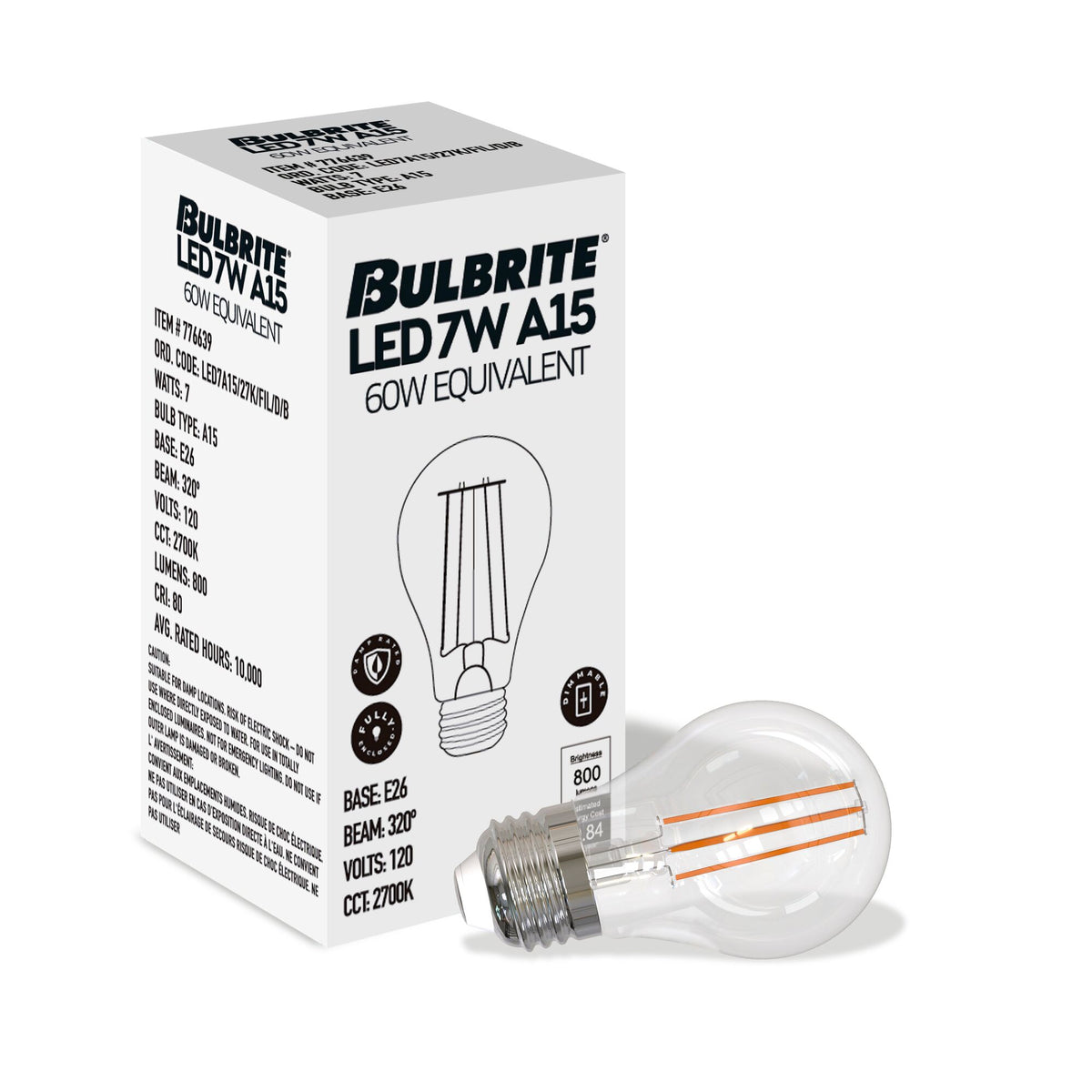 Bulbrite 776208 LED Filament 7.6 Watt Dimmable A15 Light Bulb with Clear Finish and Medium Screw 2700K E26 Base - 2700K (Warm White Light) 800 lumens