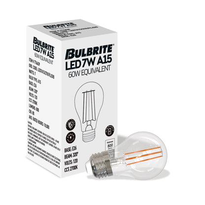 Bulbrite 776208 LED Filament 7.6 Watt Dimmable A15 Light Bulb with Clear Finish and Medium Screw 2700K E26 Base - 2700K (Warm White Light) 800 lumens