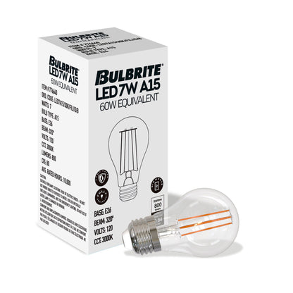 Bulbrite 776210 LED Filament 7.6 Watt Dimmable A15 Light Bulb with Clear Finish and Medium Screw 3000K E26 Base - 3000K (Soft White Light) 800 lumens