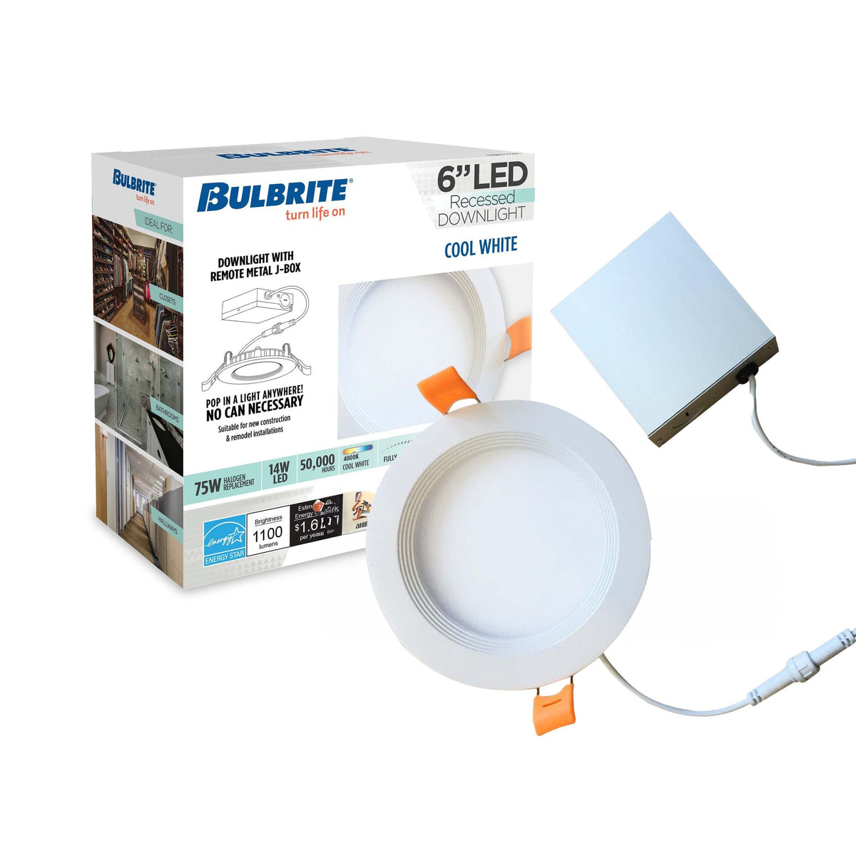 Bulbrite 773222 LED 6" Round Recessed Downlight Fixture with Metal Jbox, 75W Equivalent, 4000K Cool White Light, White Finish