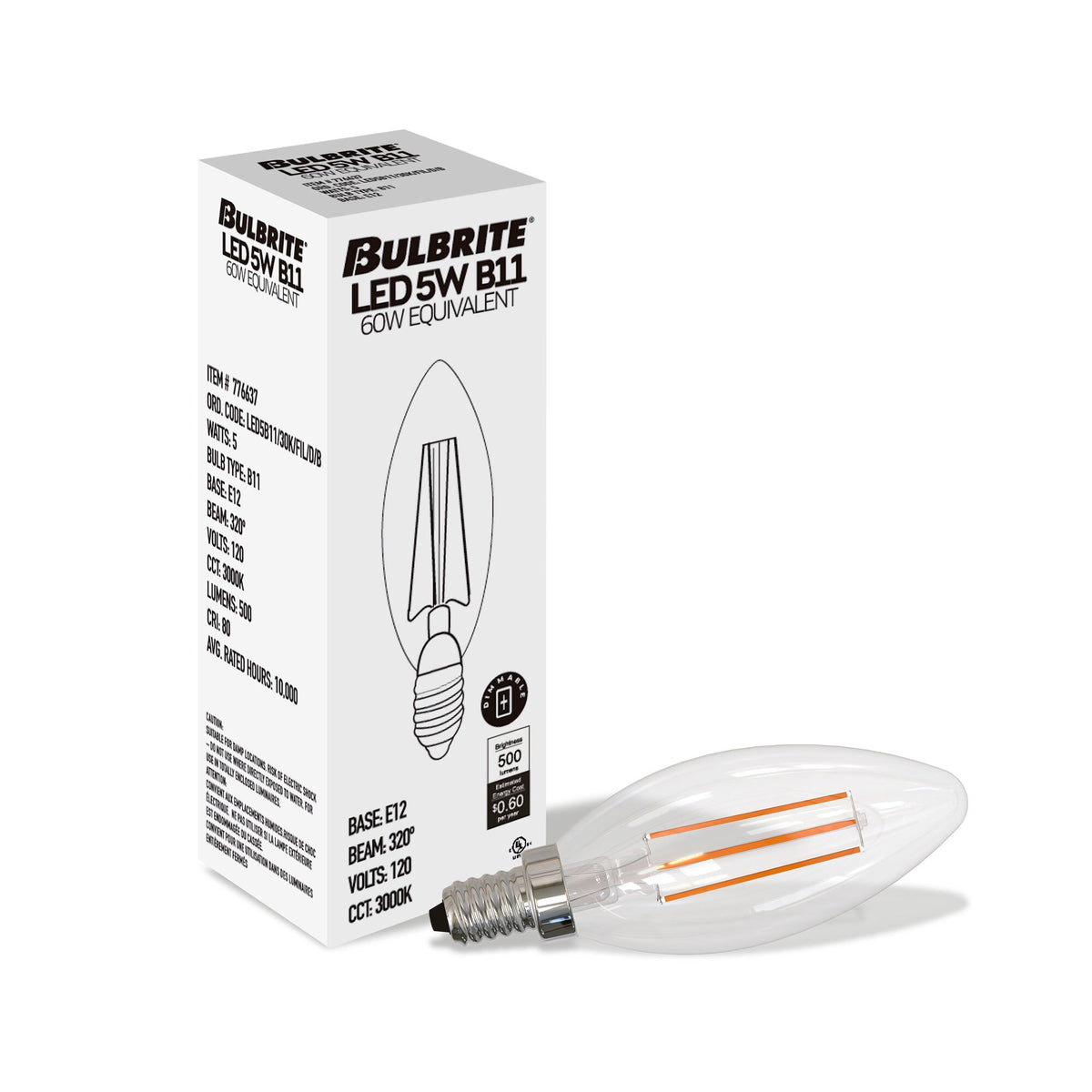 Bulbrite 776204 LED Filament 5.1 Watt Dimmable B11 Light Bulb with Clear Finish and Candelabra Screw 3000K E12 Base - 3000K (Soft White Light) 500 lumens
