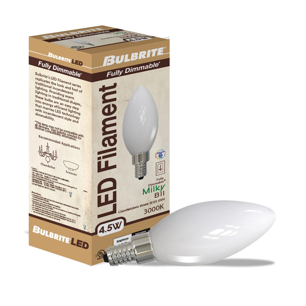 Bulbrite 776773 LED Filament 4.5 Watt B11 Light Bulb with a Milky Finish and a Candelabra Screw E12 Base - 3000K (Soft White Light) 400 Lumens