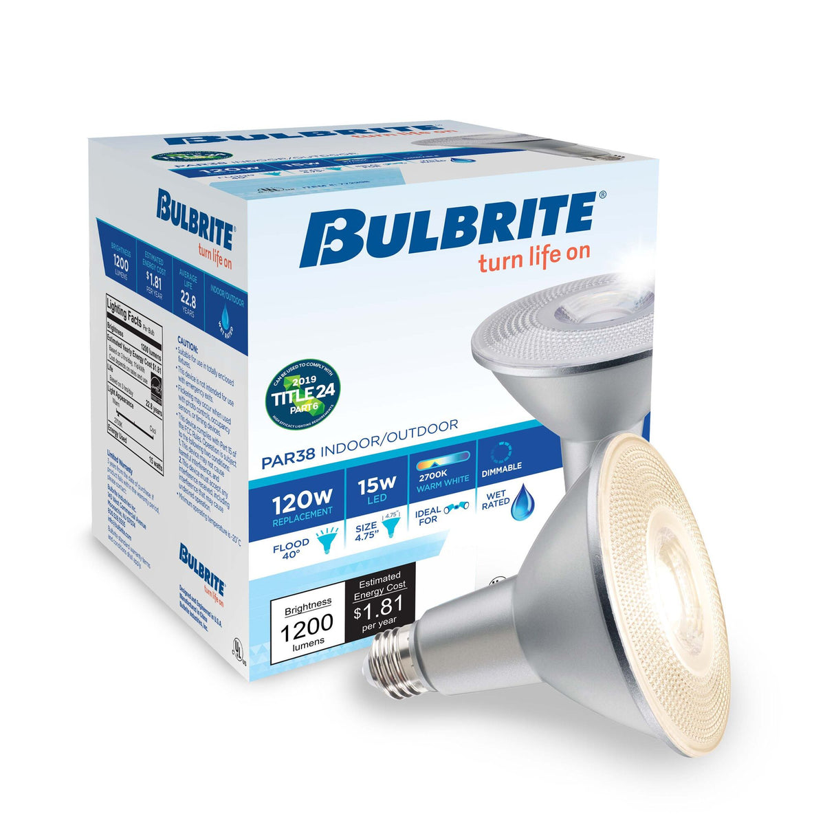 Bulbrite 772298 LED 15 Watt PAR38 Light Bulb with a Medium Screw E26 Base - 2700K (Warm White Light) 1200 Lumens