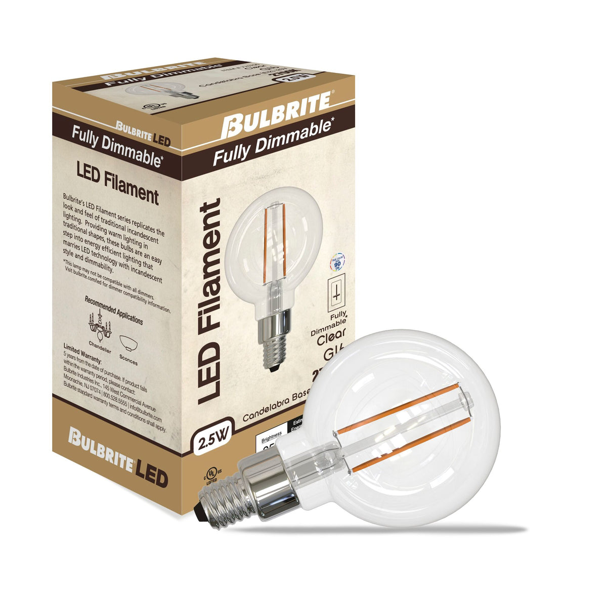 Bulbrite 776706 LED Filament 2.5 Watt G16 Light Bulb with a Clear Finish and a Candelabra Screw E12 Base - 2700K (Warm White Light) 250 Lumens