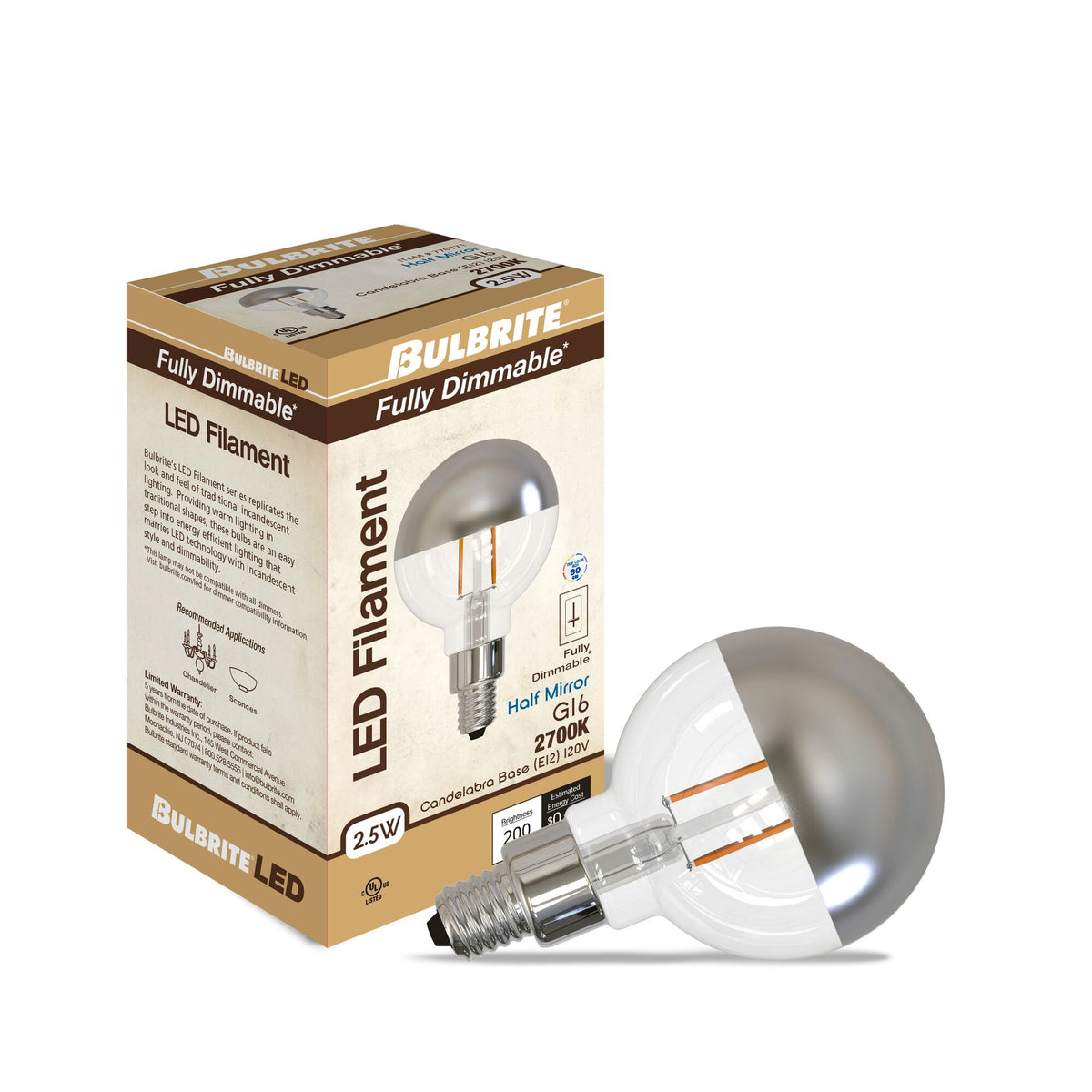 Bulbrite 776771 LED Filament 2.5 Watt G16 Light Bulb with a Half Chrome Finish and a Candelabra Screw E12 Base - 2700K (Warm White Light) 200 Lumens