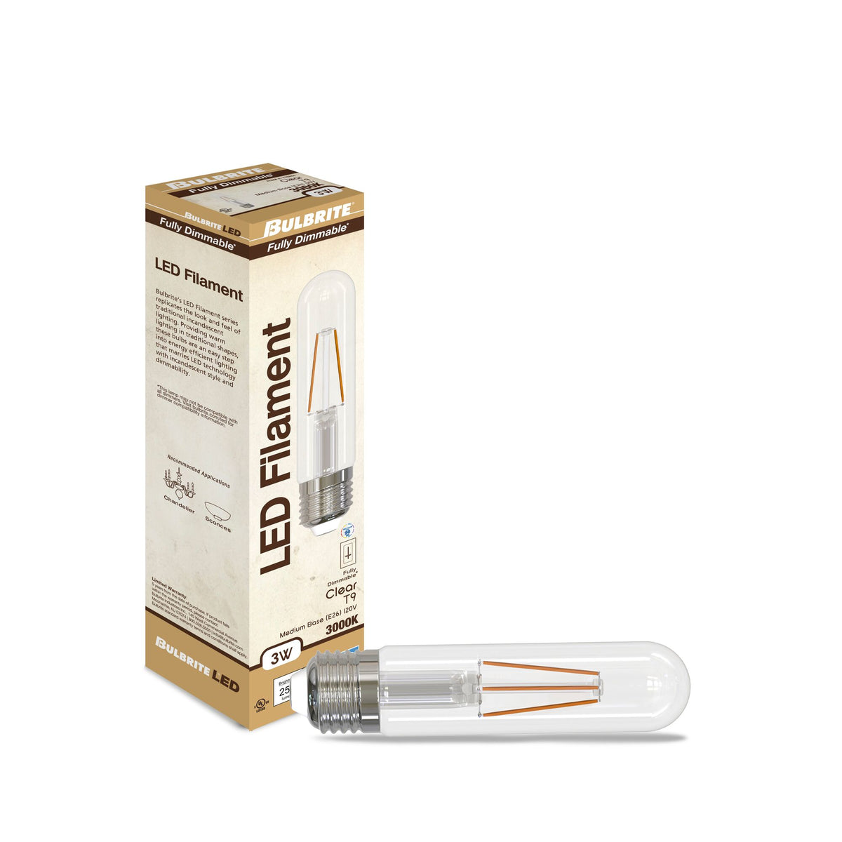 Bulbrite 776854 LED Filament 3 Watt T9 5" Light Bulb with a Clear Finish and a Medium Screw E26 Base - 3000K (Soft White Light) 250 Lumens