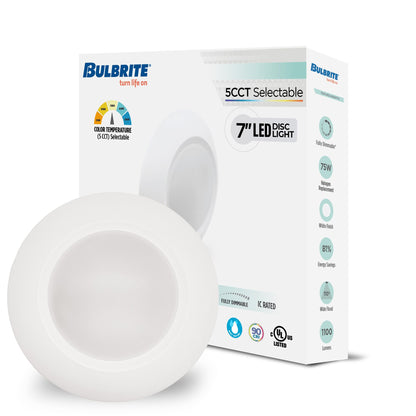 Bulbrite 773273 14-Watt LED 7" Disc, 5 CCT - 27/30/35/40/50K 1100 Lumens, White Finish