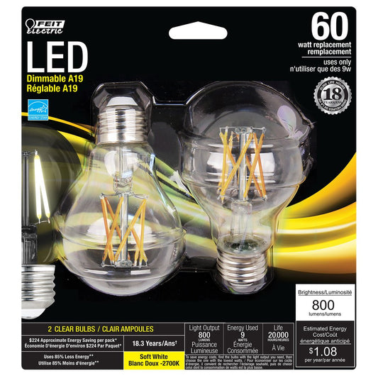 2 pack - Feit Electric A1960/CL/LED/2 9W A19 Soft White LED Light Bulb