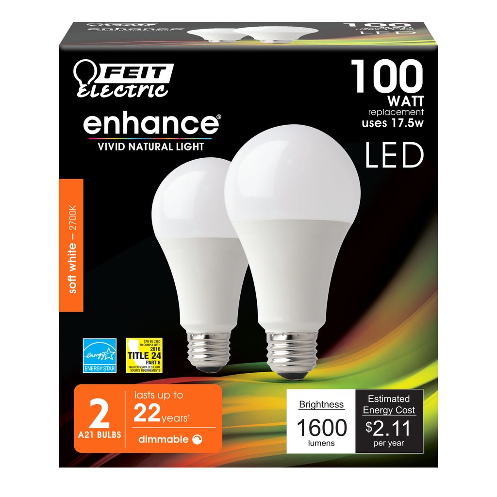 2 pack - Feit Electric OM100DM/927CA/2 17.5W A21 Soft White LED