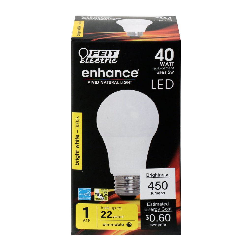 6 pack - Feit Electric OM40DM/930CA 5W A19 Bright White LED Light Bulb
