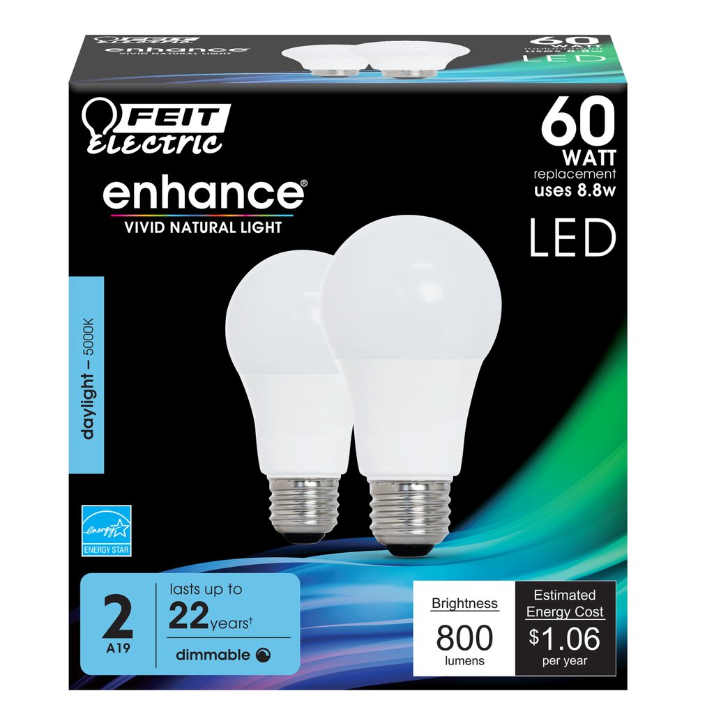 2 pack - Feit Electric OM60DM/950CA/2 8.8W A19 Daylight LED Light Bulb