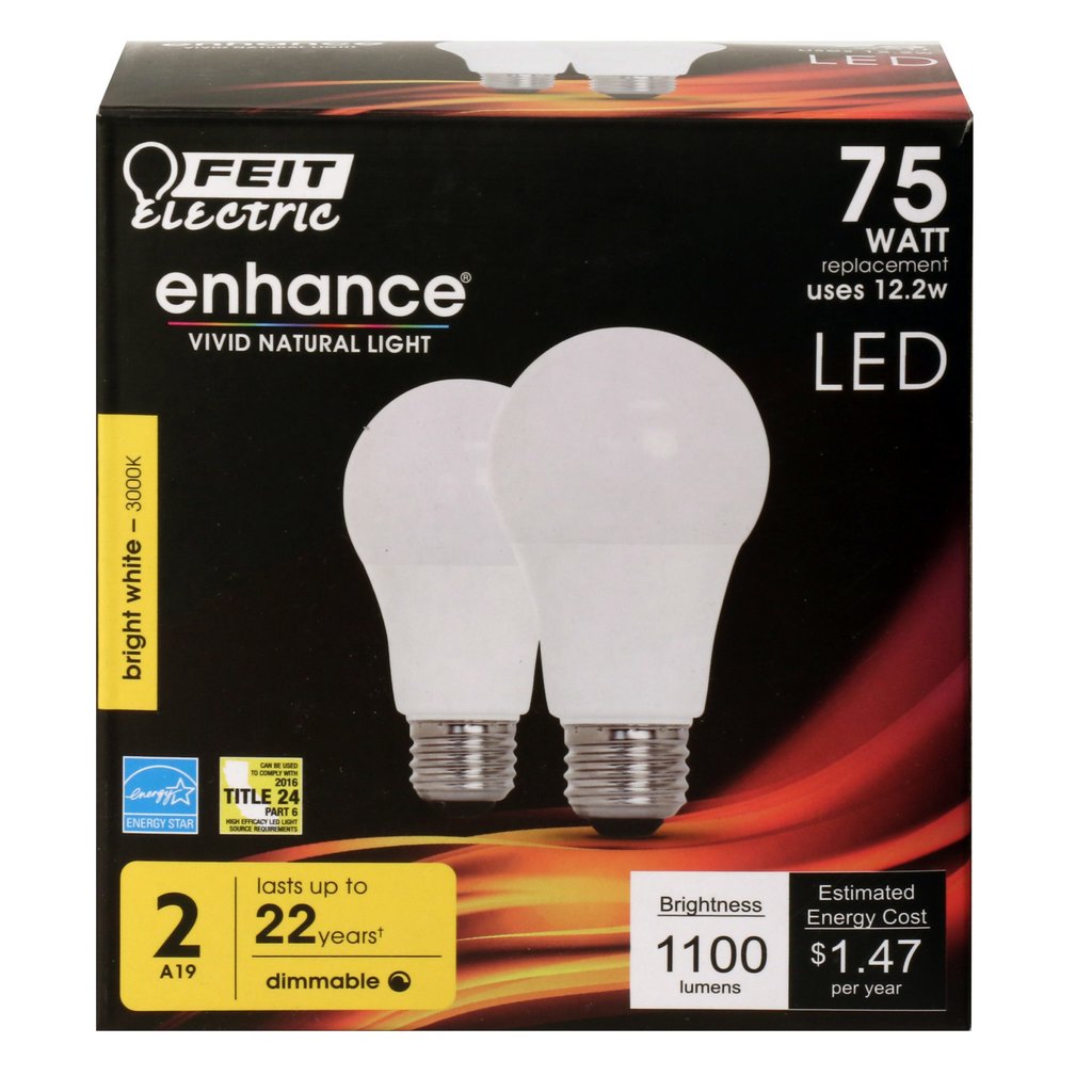 2 pack - Feit Electric OM75DM/930CA/2 12.2W A19 Bright White LED