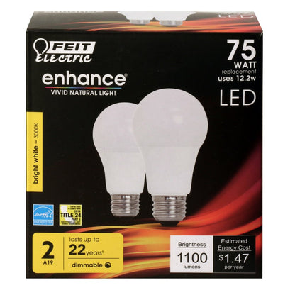 2 pack - Feit Electric OM75DM/930CA/2 12.2W A19 Bright White LED