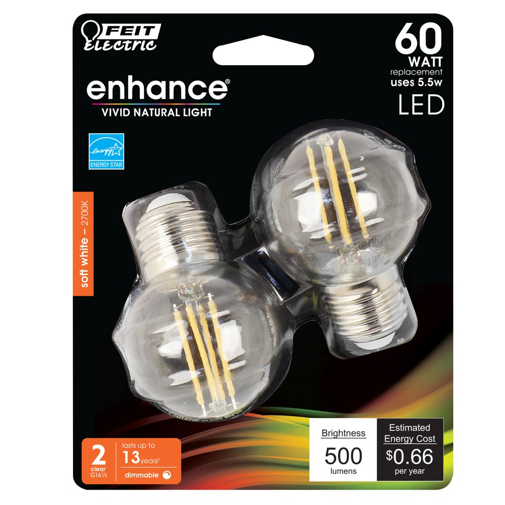 2 pack - Feit Electric BPGM60927CA/FIL/2/RP 5.5W G16.5 Soft White LED