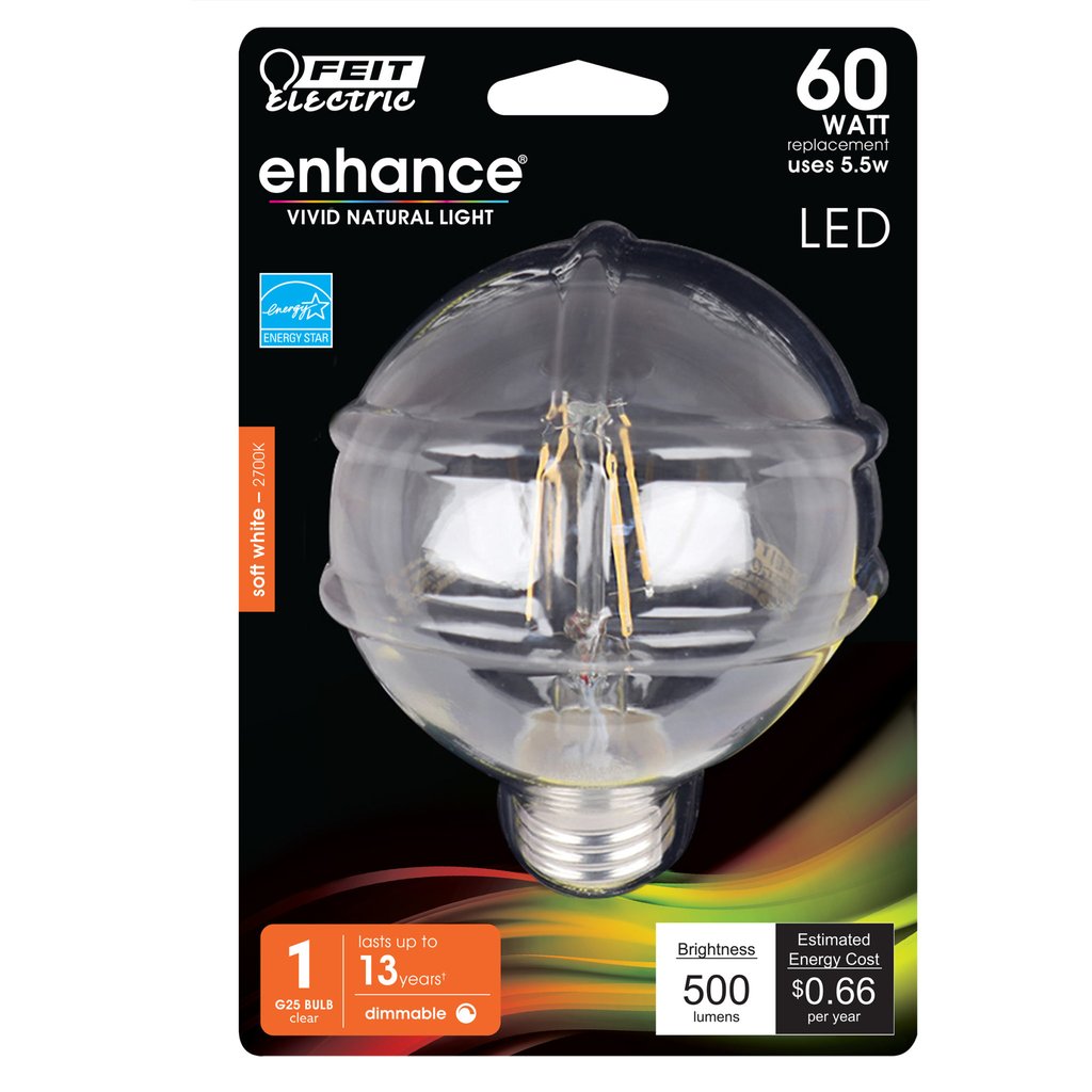 6 pack - Feit Electric BPG2560/927CA/FIL 5.5W G25 Soft White LED