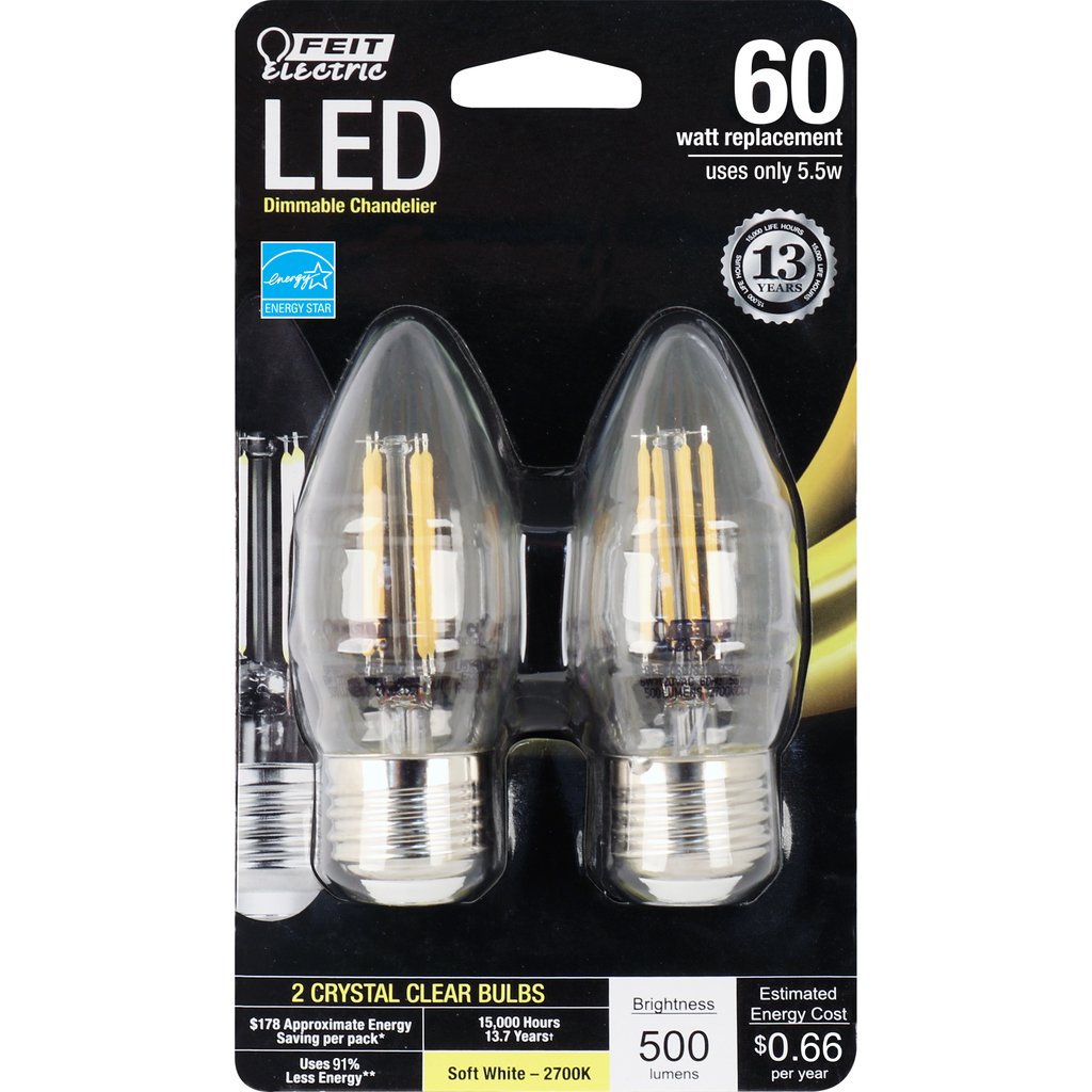 2 pack - Feit Electric BPETC60927CAFIL/2/RP 5.5W B8 Warm White LED