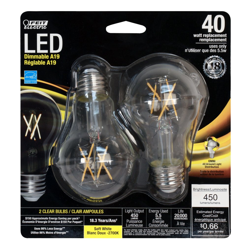 2 pack - Feit Electric A1940/CL/LED/2 5.5W A19 LED Light Bulb