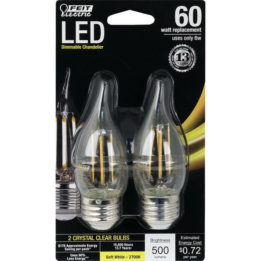 2 pack - Feit Electric BPEFC60/827/LED/2 5.5W CA11 LED Light Bulb