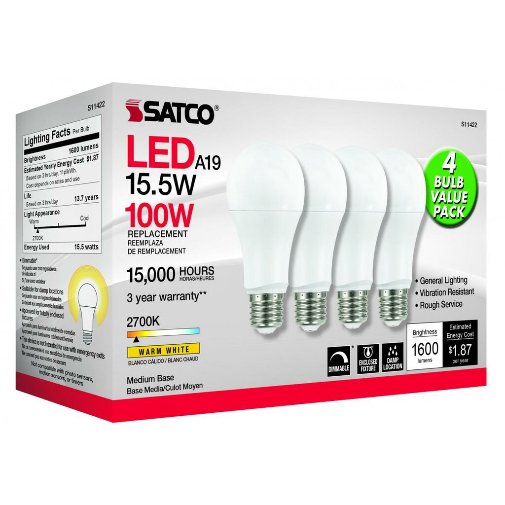 4 pack - Satco S11422 14W A19 Warm White LED Light Bulb