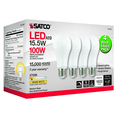 4 pack - Satco S11422 14W A19 Warm White LED Light Bulb