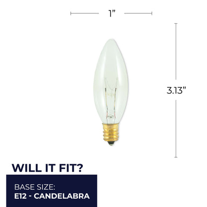 Bulbrite 490115 Bulbrite Incandescent 15 Watt B8 Light Bulbs with a Clear Finish and Candelabra Screw (E12) Base, 2700K (Warm White Light)