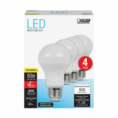 4 pack - Feit Electric A800/835/10KLED/4 8.5W A19 White LED Light Bulb