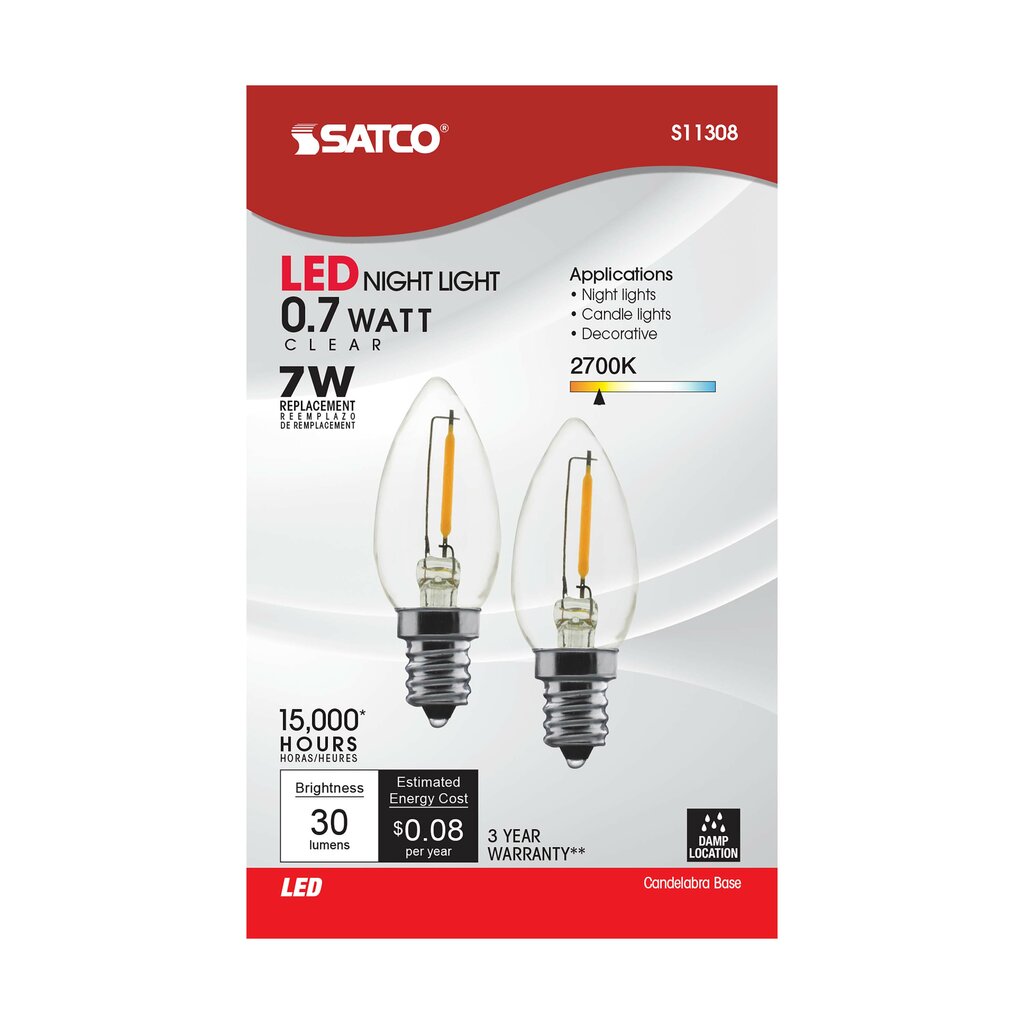 12 pack - Satco S11308 0.7W C7 LED Light Bulb