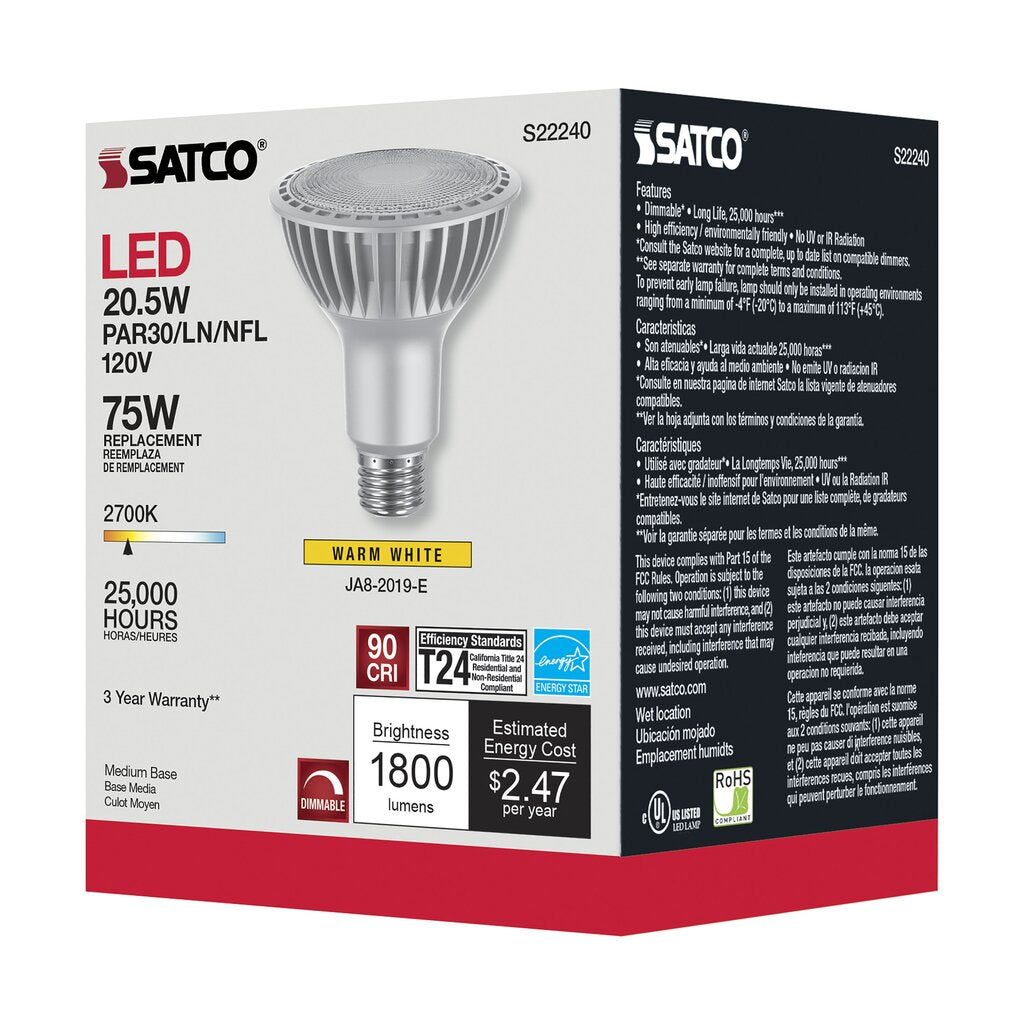 6 pack - Satco S22240 20.5W PAR30 Long Warm White LED Light Bulb