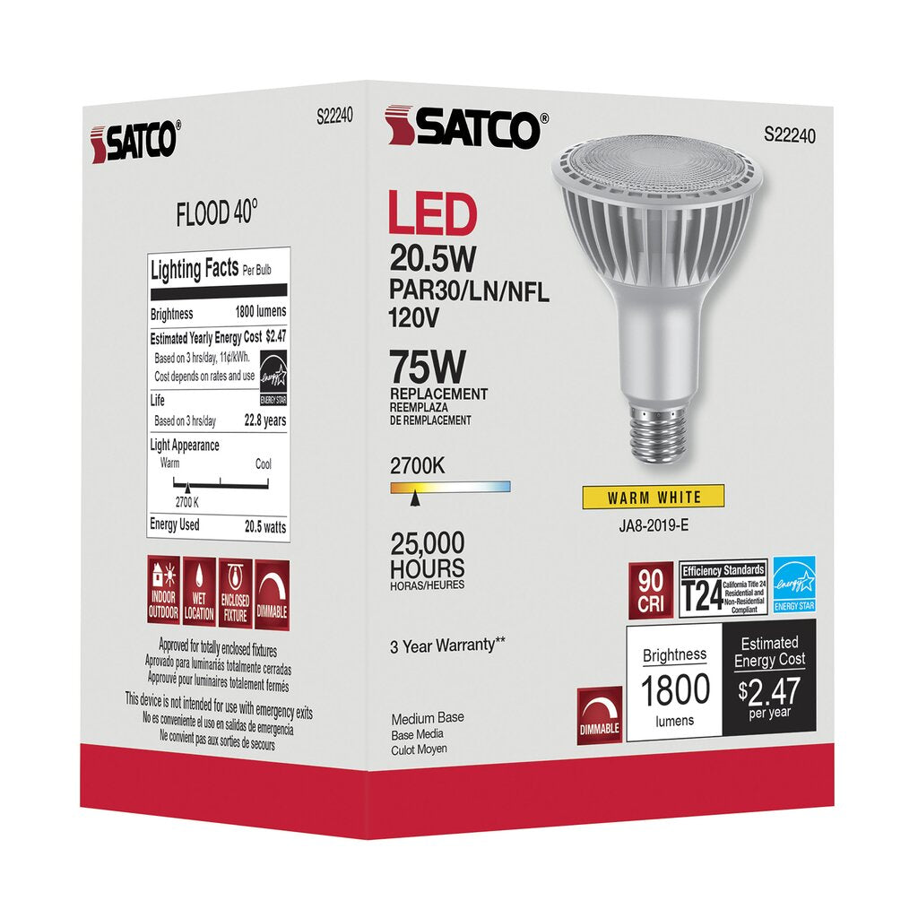 6 pack - Satco S22240 20.5W PAR30 Long Warm White LED Light Bulb