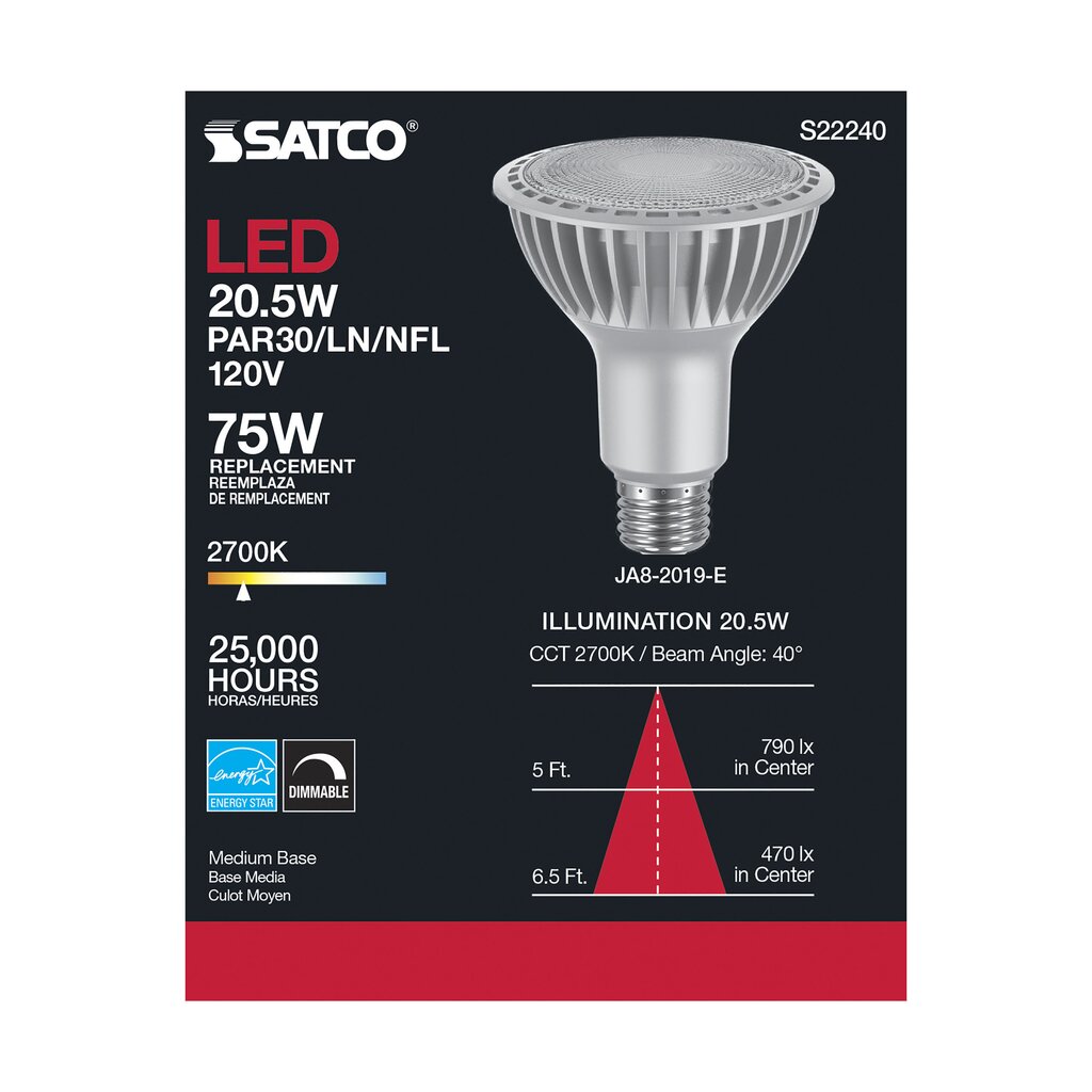 6 pack - Satco S22240 20.5W PAR30 Long Warm White LED Light Bulb