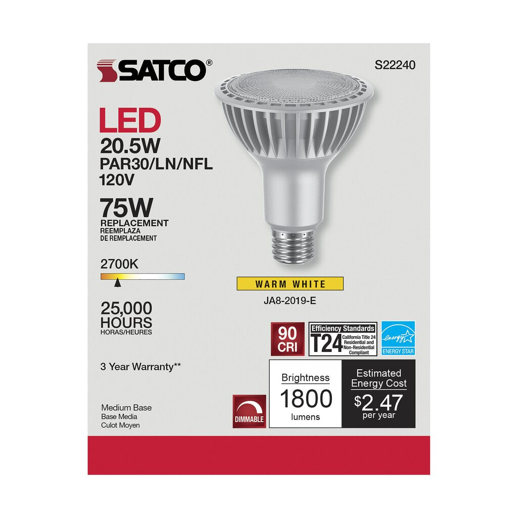 6 pack - Satco S22240 20.5W PAR30 Long Warm White LED Light Bulb