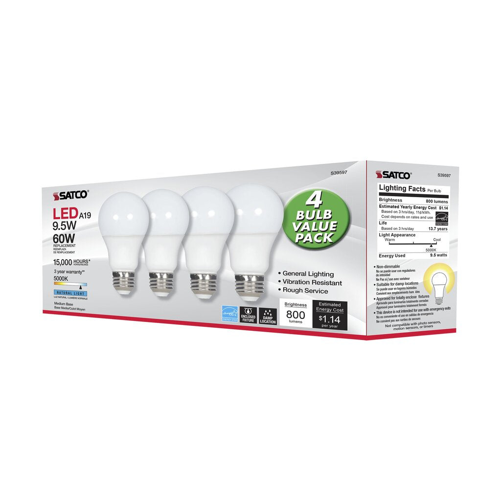 4 pack - Satco S39597 - 4 pack 9.5W A19 daylight LED Light Bulb