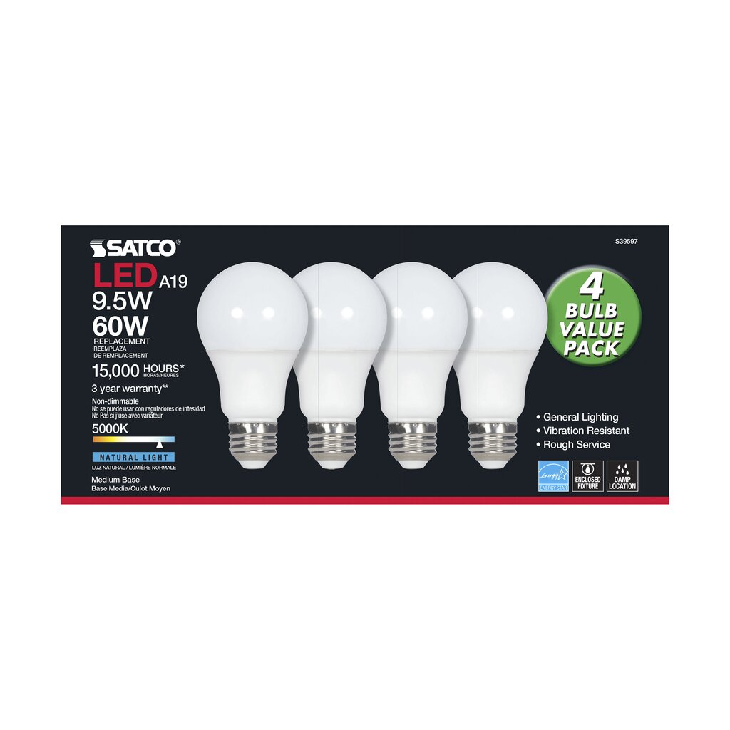 4 pack - Satco S39597 - 4 pack 9.5W A19 daylight LED Light Bulb