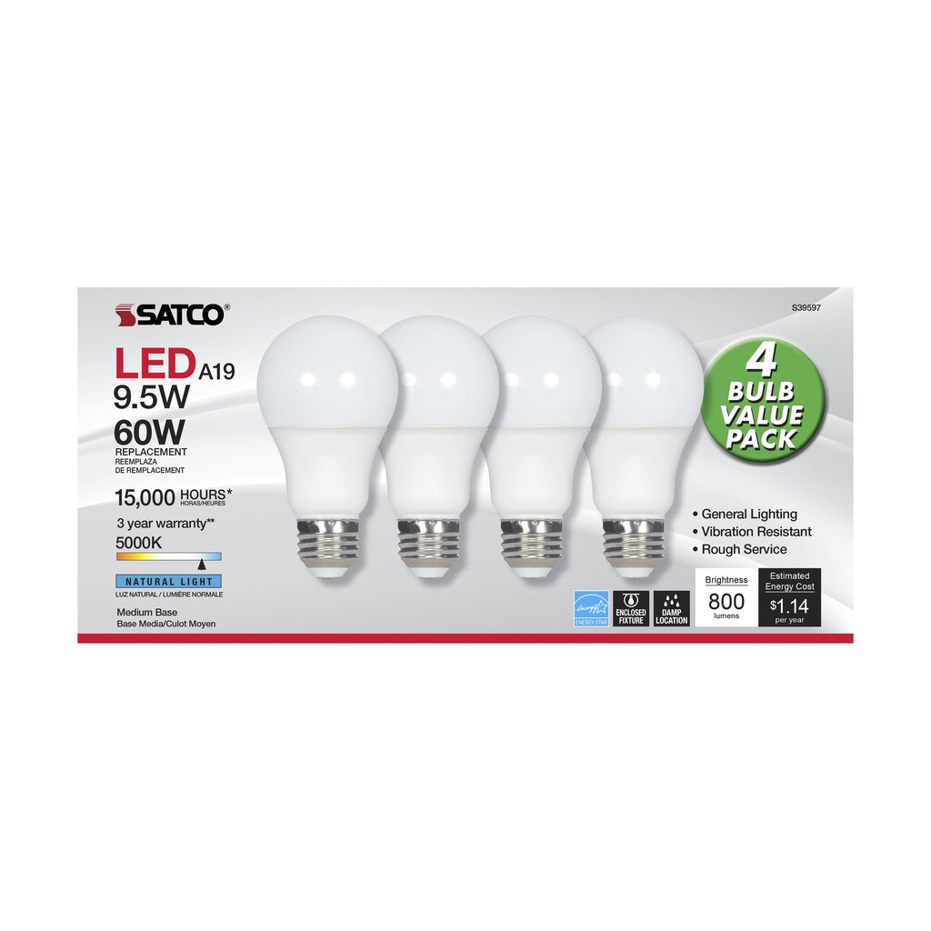 4 pack - Satco S39597 - 4 pack 9.5W A19 daylight LED Light Bulb