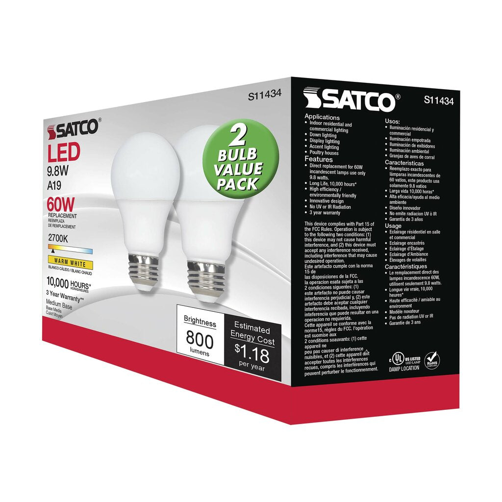 Satco S11434 9.8W A19 LED Light Bulb