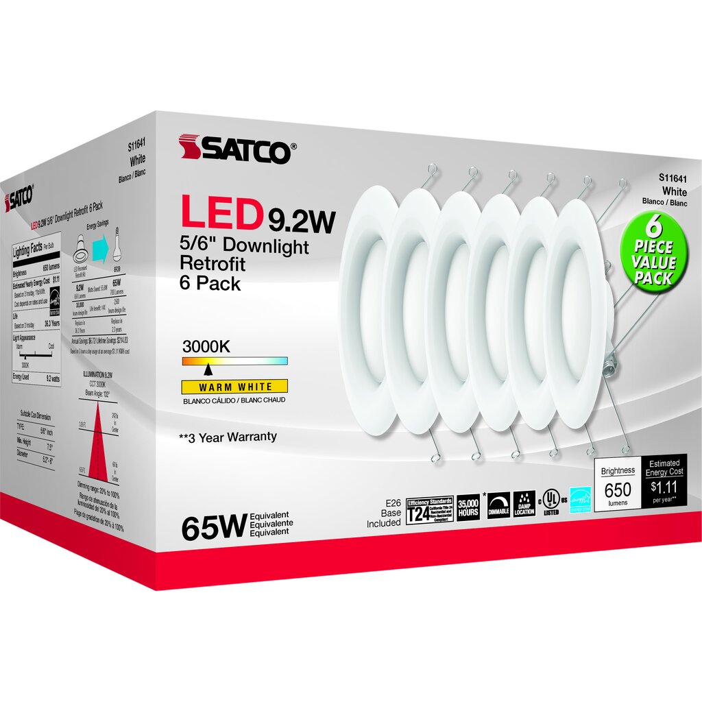 Satco S11641 9.2W LED Downlight Retrofit Fixture 5-6 inch; 90 CRI;