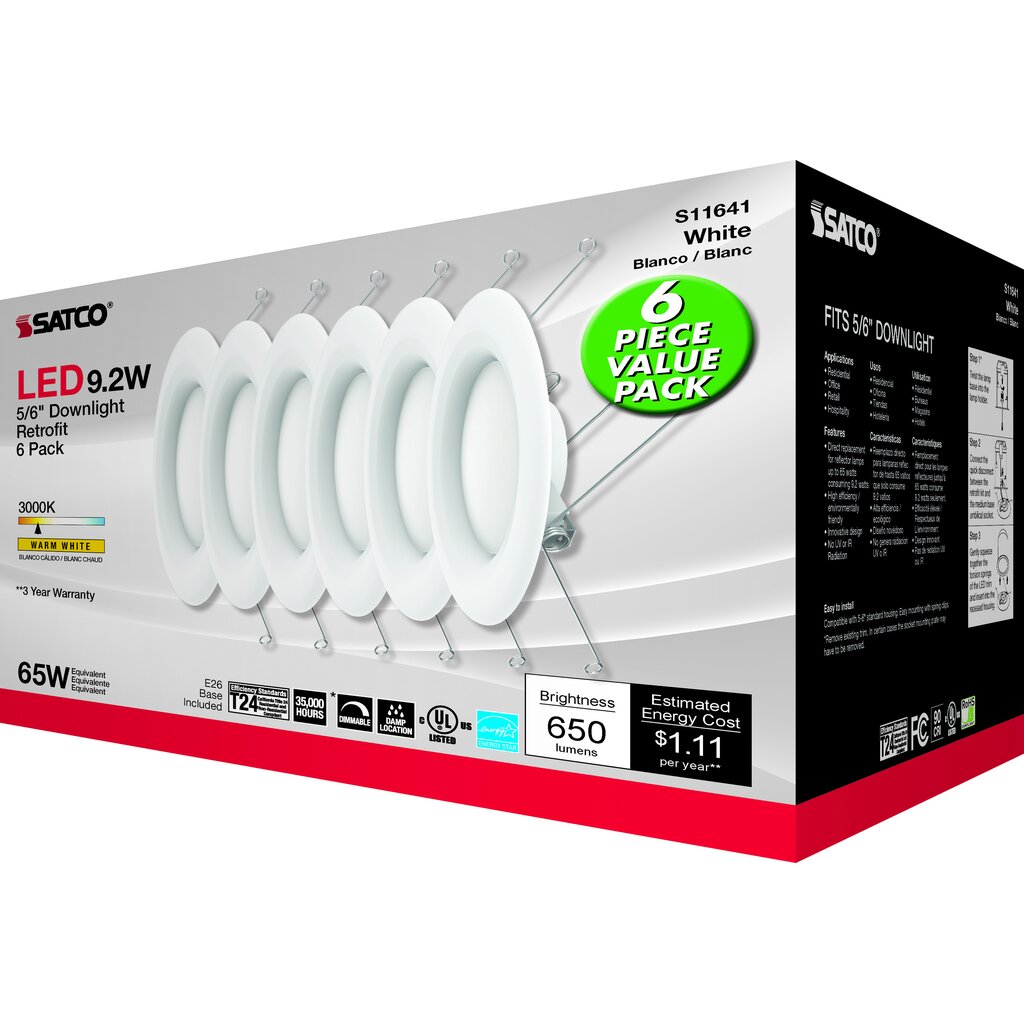 Satco S11641 9.2W LED Downlight Retrofit Fixture 5-6 inch; 90 CRI;