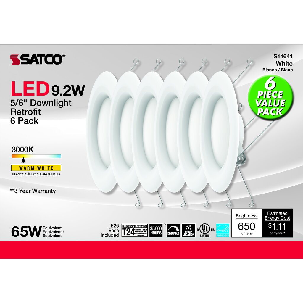Satco S11641 9.2W LED Downlight Retrofit Fixture 5-6 inch; 90 CRI;