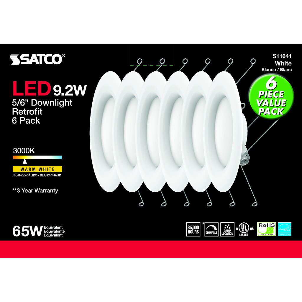 Satco S11641 9.2W LED Downlight Retrofit Fixture 5-6 inch; 90 CRI;