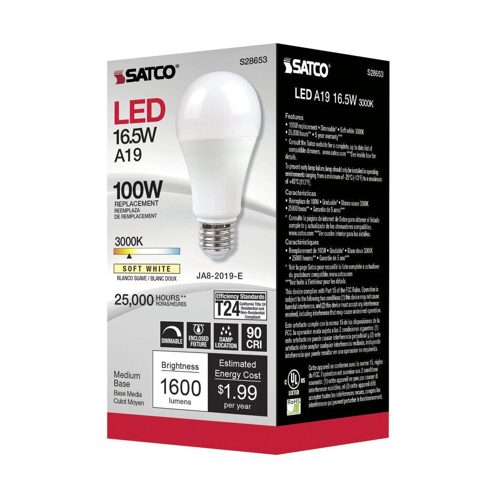 6 pack - Satco S28653 16.5W A19 LED Light Bulb