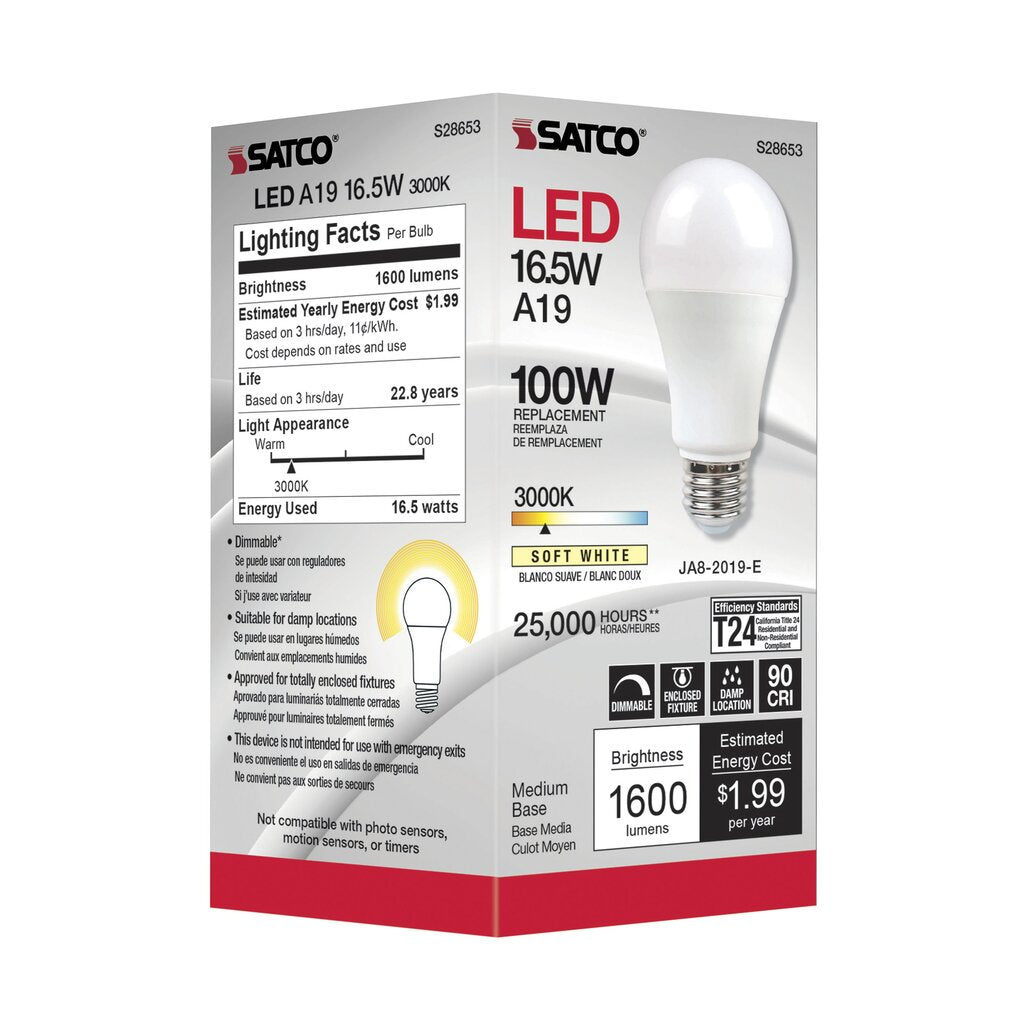 6 pack - Satco S28653 16.5W A19 LED Light Bulb