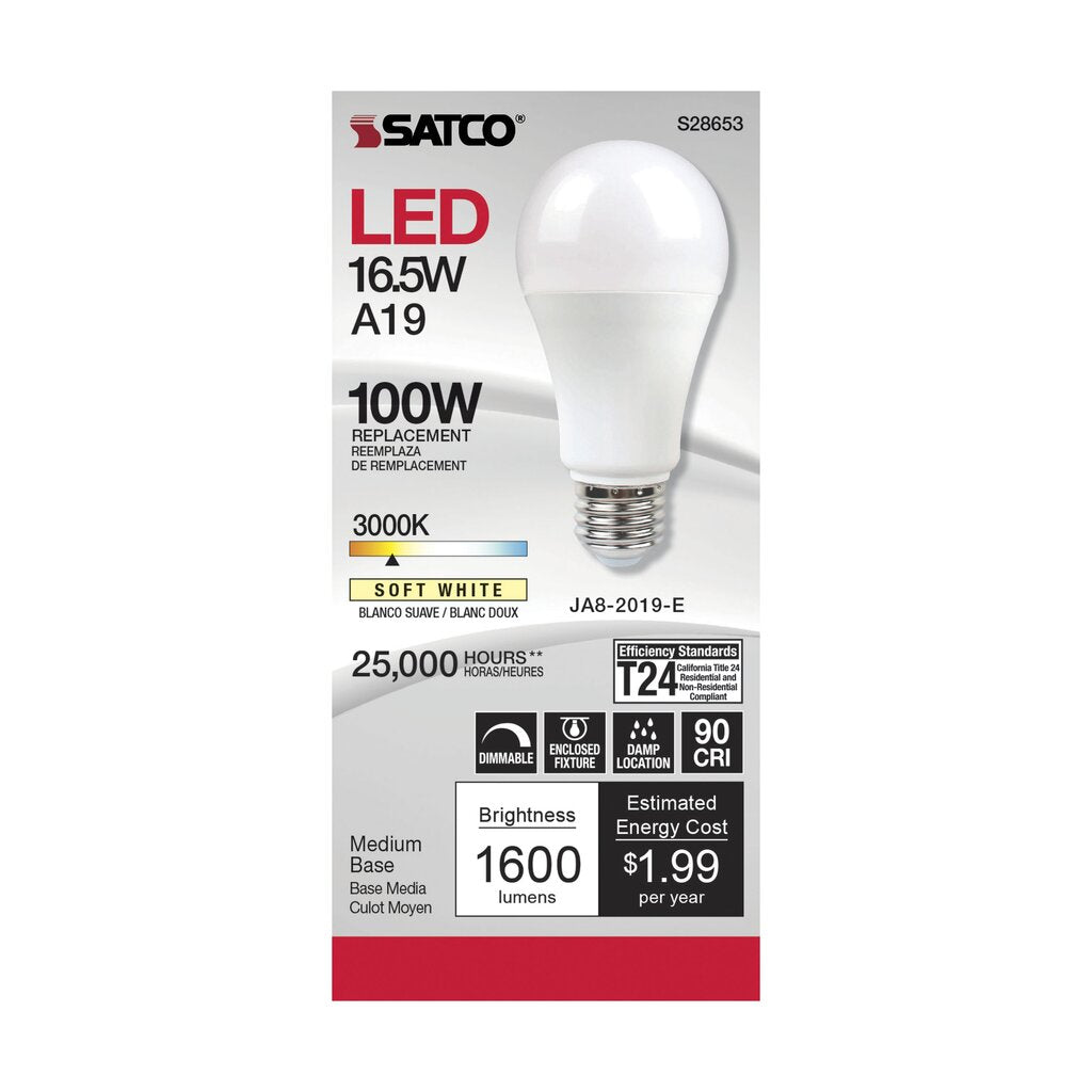 6 pack - Satco S28653 16.5W A19 LED Light Bulb