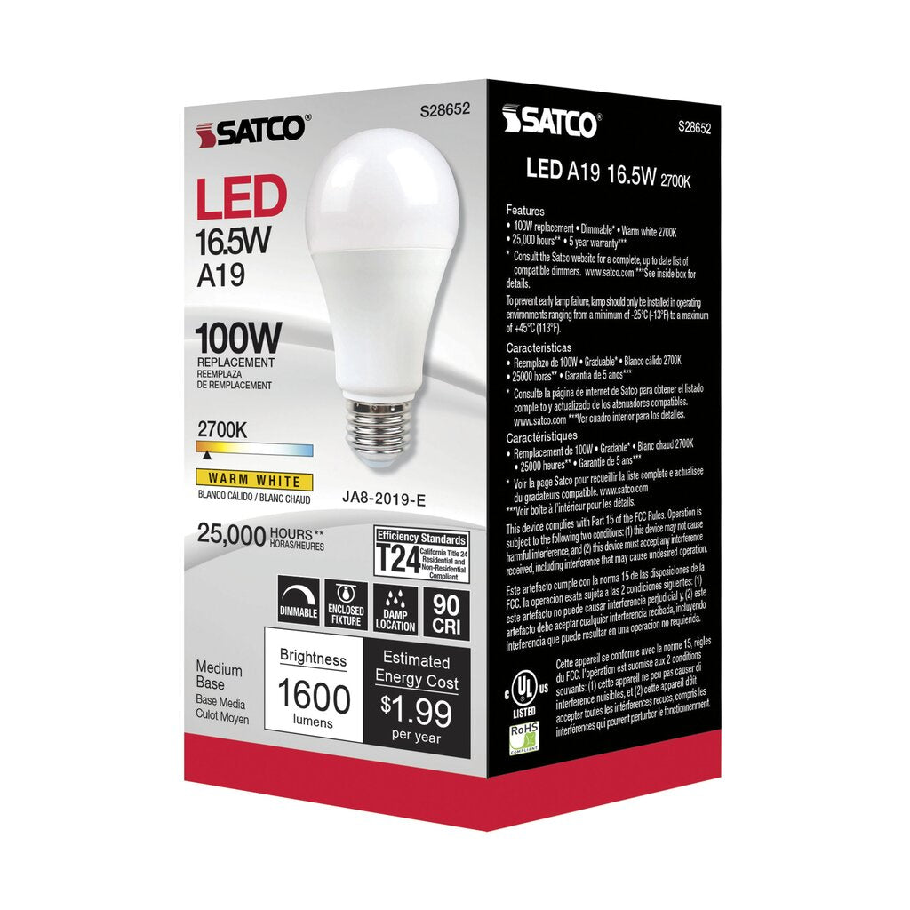 6 pack - Satco S28652 16.5W A19 Warm White LED Light Bulb