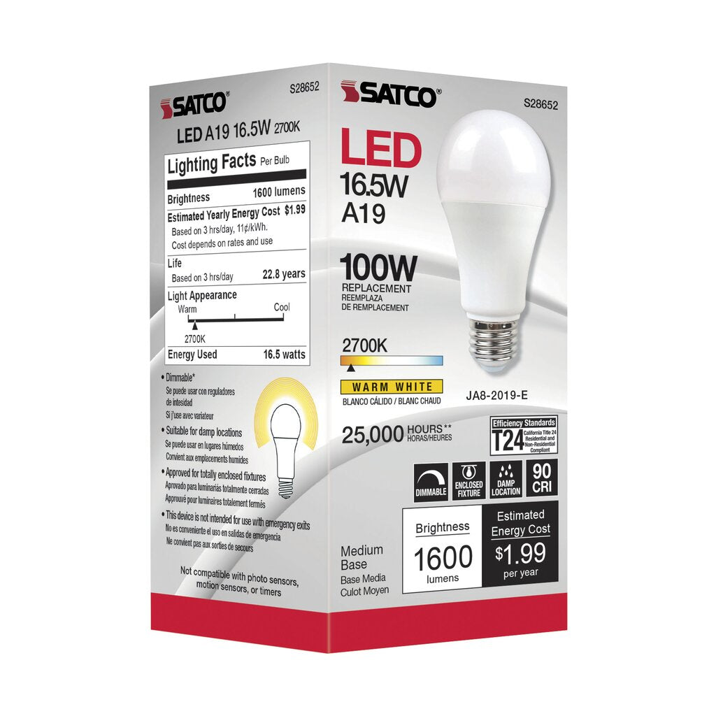 6 pack - Satco S28652 16.5W A19 Warm White LED Light Bulb