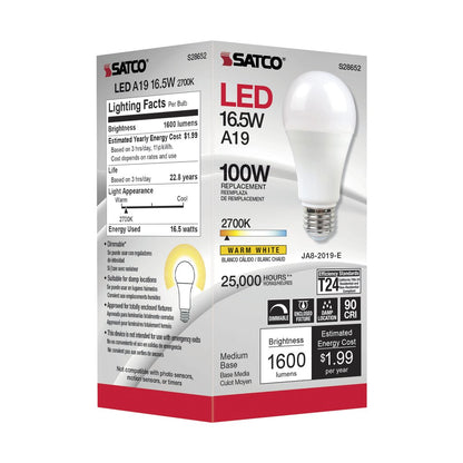 6 pack - Satco S28652 16.5W A19 Warm White LED Light Bulb