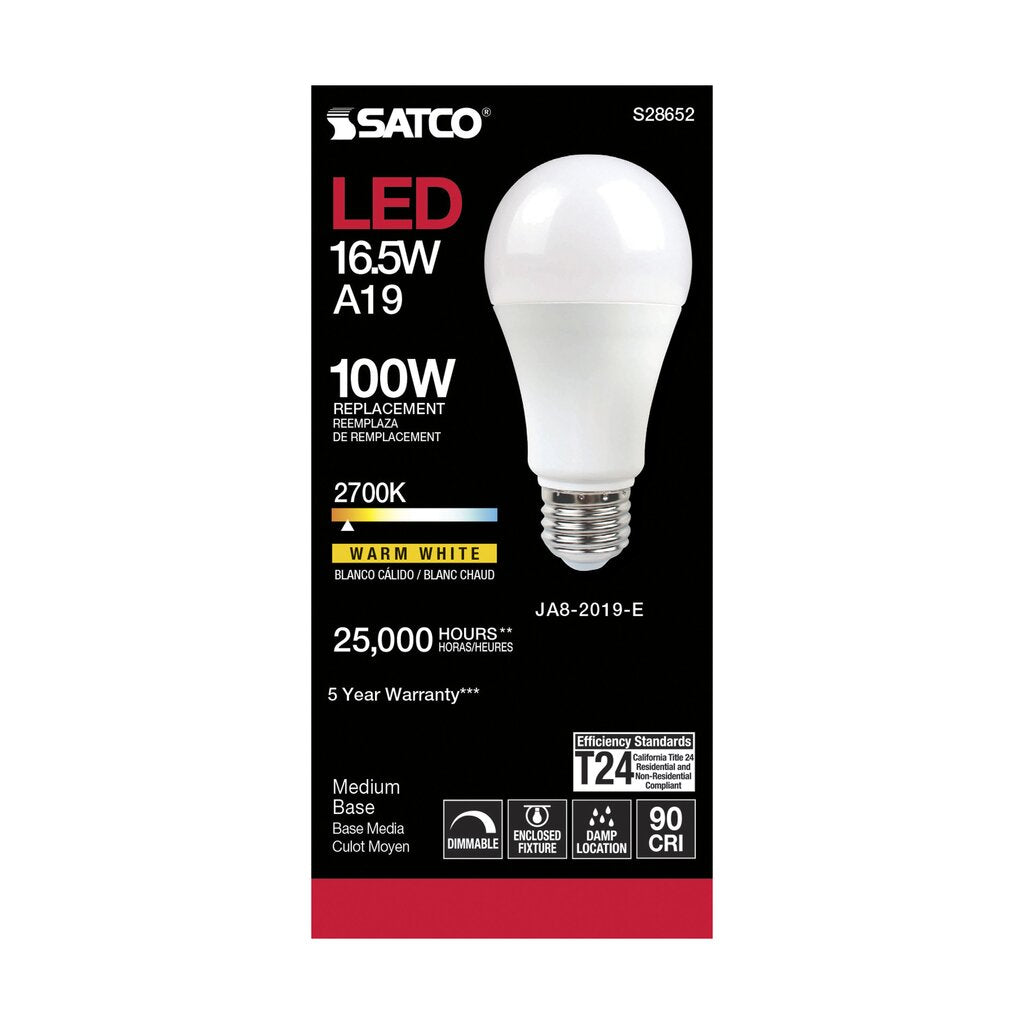 6 pack - Satco S28652 16.5W A19 Warm White LED Light Bulb