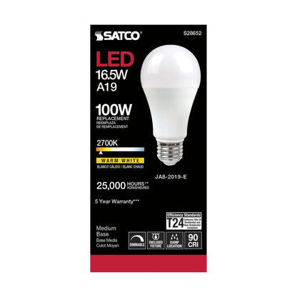 6 pack - Satco S28652 16.5W A19 Warm White LED Light Bulb