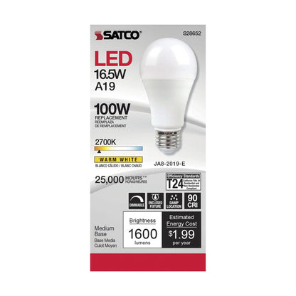 6 pack - Satco S28652 16.5W A19 Warm White LED Light Bulb