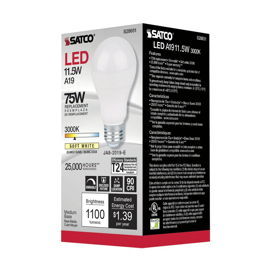 6 pack - Satco S28651 11.5W A19 LED Light Bulb